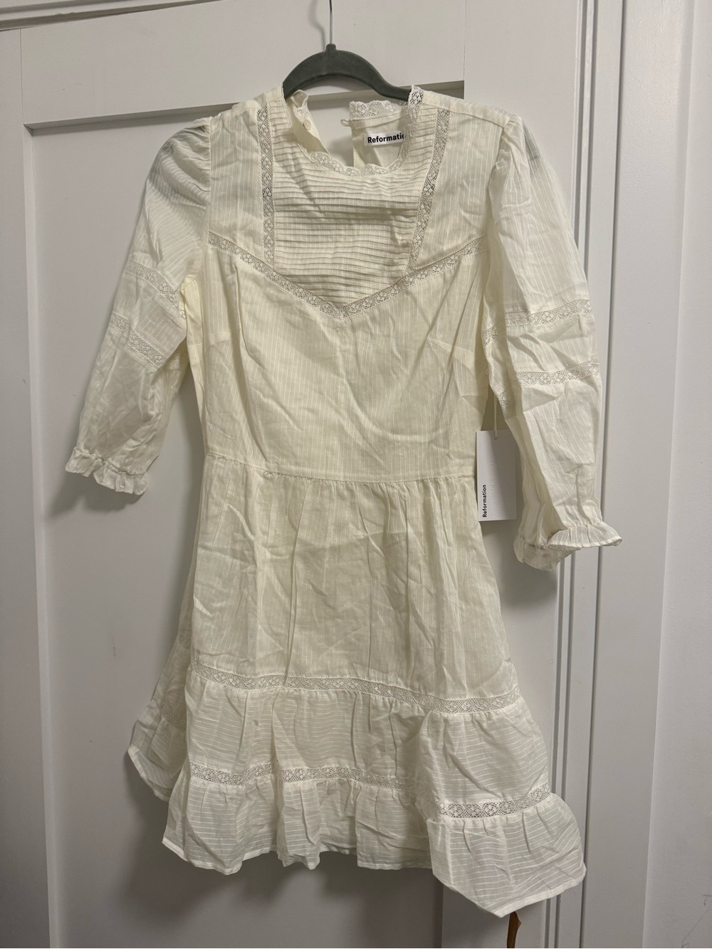 Reformation Cream Lace-Trimmed Ruffle Dress -NWT